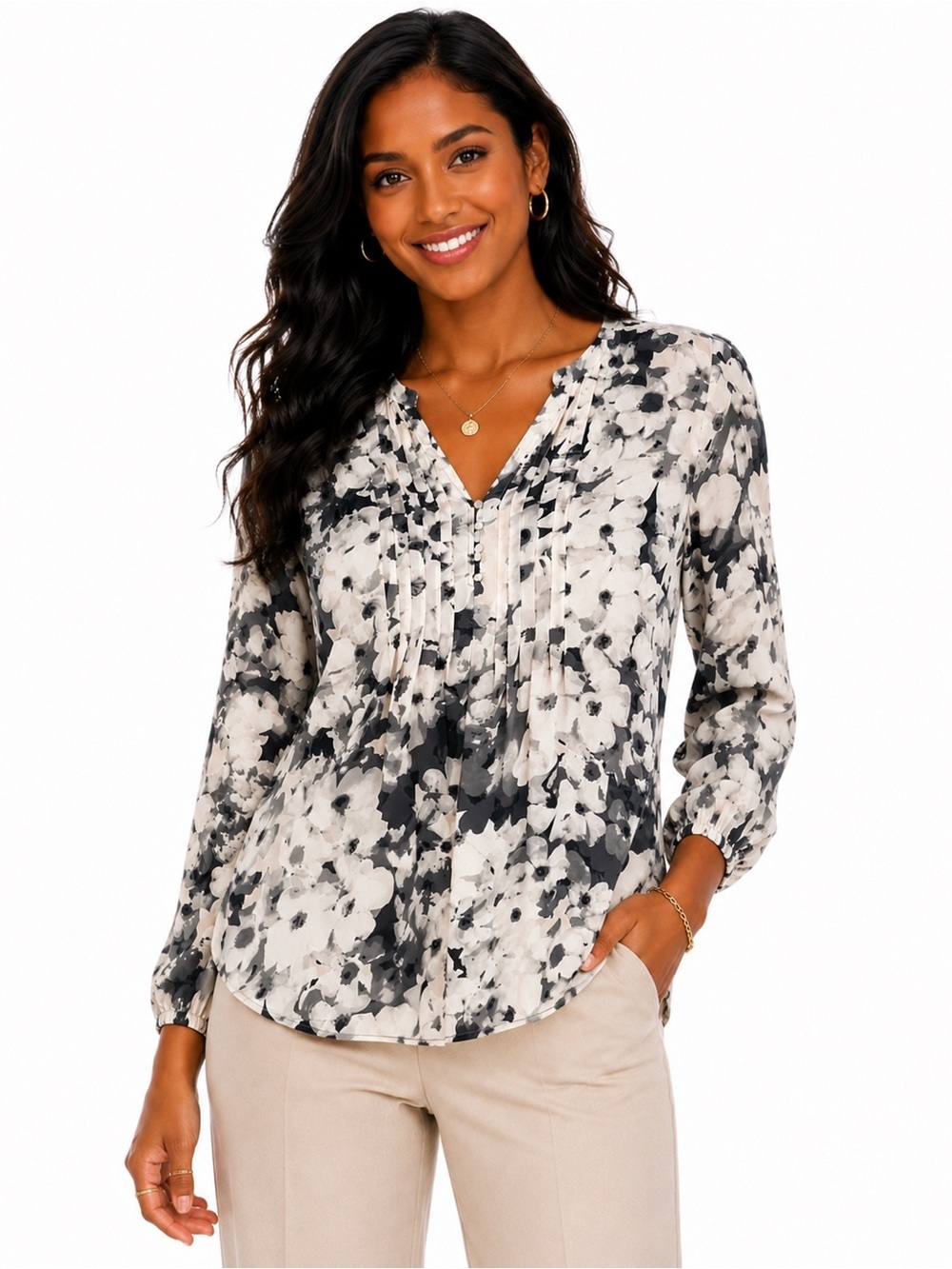 Saint Tropez West Black Cream Floral Pintuck Pleated Blouse Size 16 - Picture 2 of 11